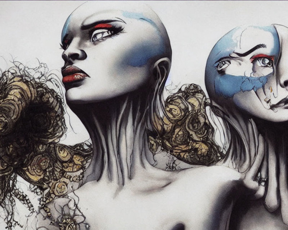 Abstract makeup designs on two women in artistic illustration