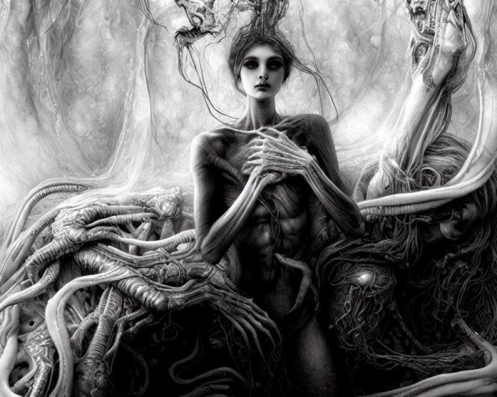 Monochrome surreal female figure with intricate root-like tendrils