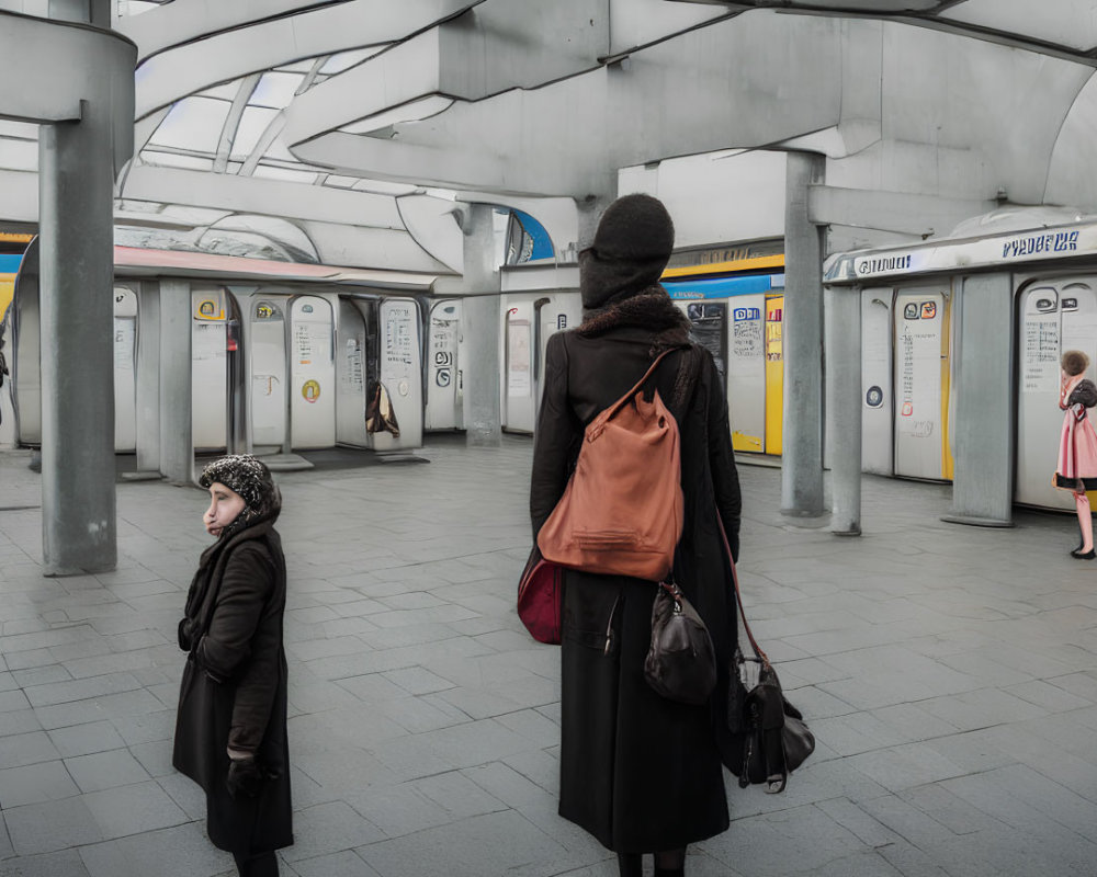 Woman and child in modern subway station with approaching train and metal columns.