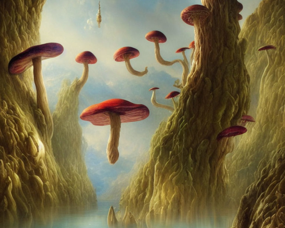 Surreal landscape with giant mushrooms, serene water, cliffs, and floating islands