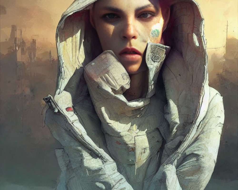 Intense gaze in futuristic helmet and suit with patches, earthy color palette.