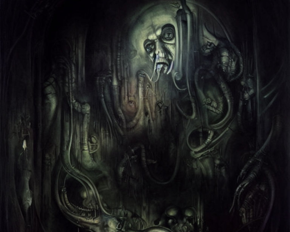 Dark artwork featuring skeletal face, serpentine creatures, and distorted figures in chilling scene