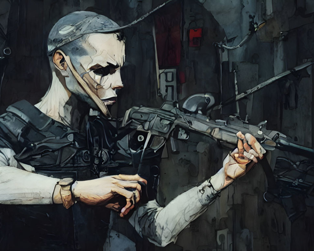 Illustrated character with war paint and rifle in gritty industrial setting