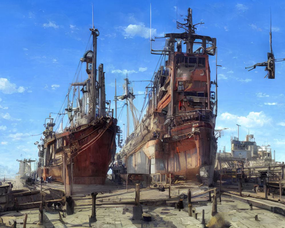 Rusted ships in drydock with drones and clear sky.