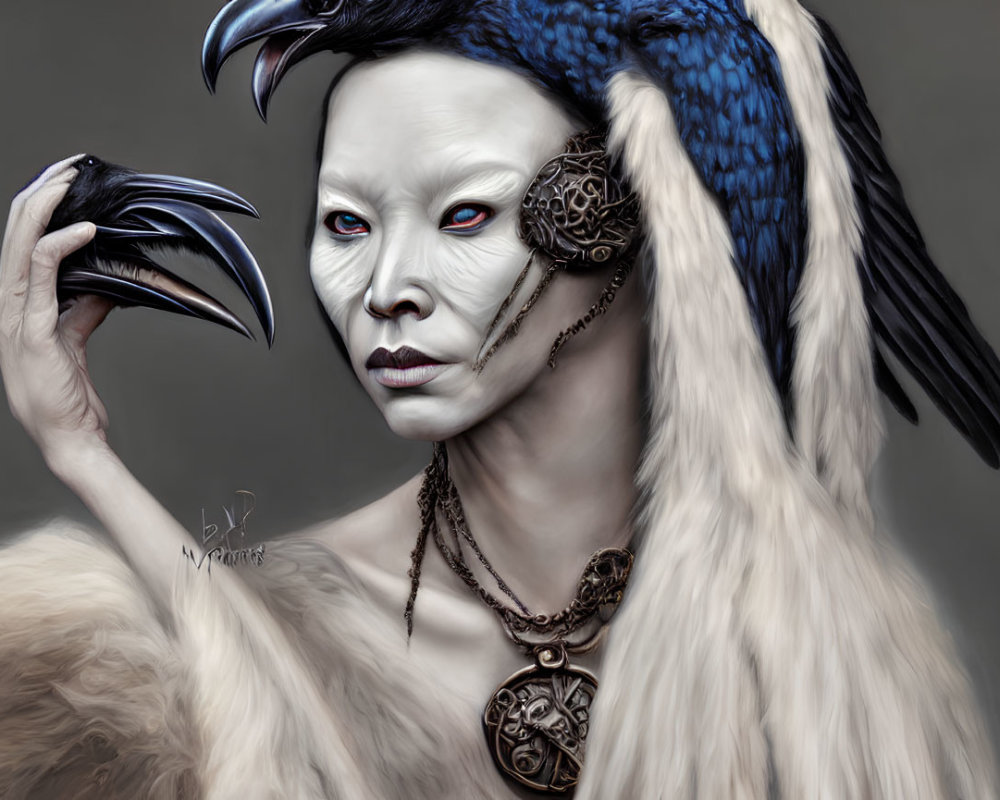 Mystical figure with white face makeup, red eyes, raven, fur, and jewelry