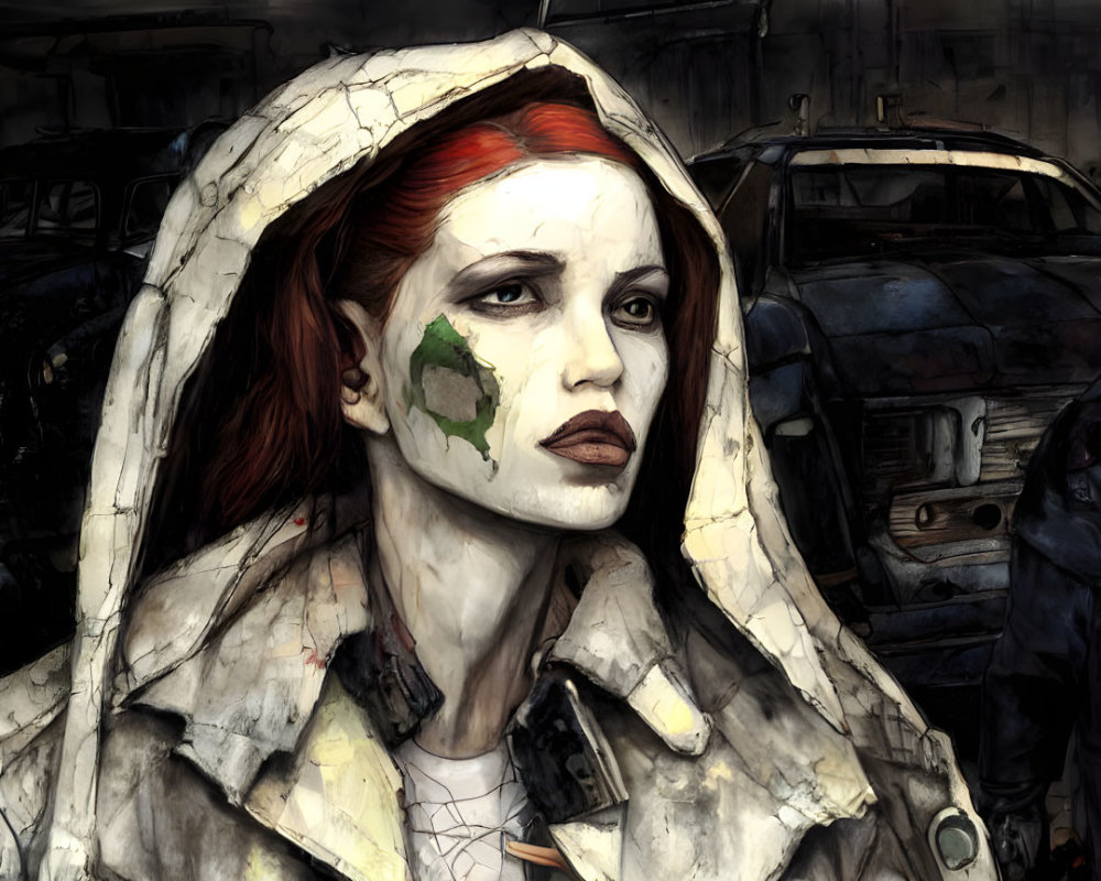 Red-haired woman in hood among derelict cars, looking contemplative.