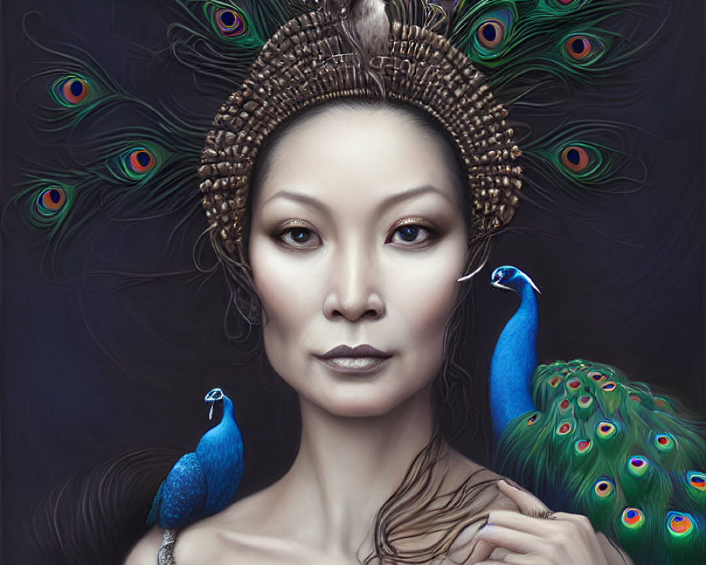 Asian woman portrait with peacock feather headdress and attire on dark background