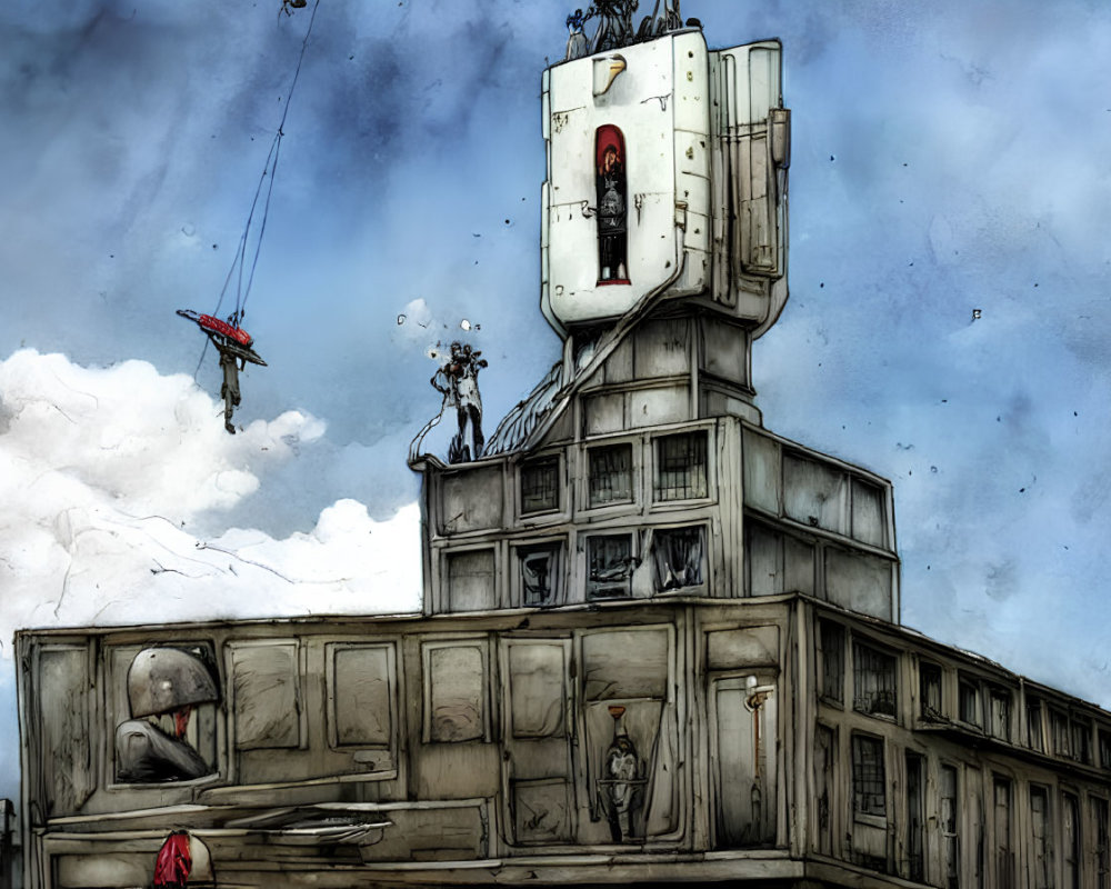 Dystopian illustration: mechanical structure, robots, humans in confined spaces