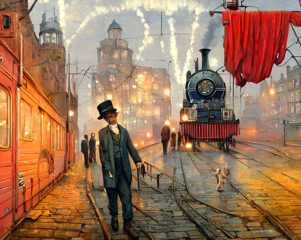 Vintage Train Station Scene with Man in Top Hat, Dog, Red Laundry, and Steam Train Among Industrial