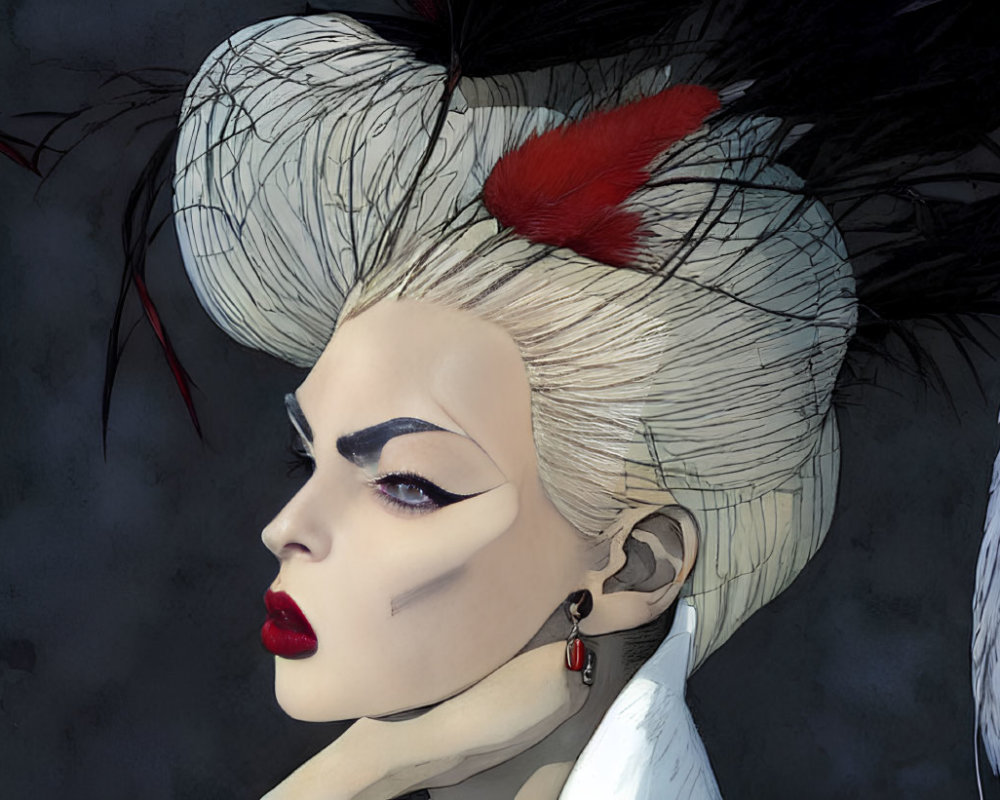 Illustration of person with white updo, red accessory, dark eye makeup, red lipstick, feather