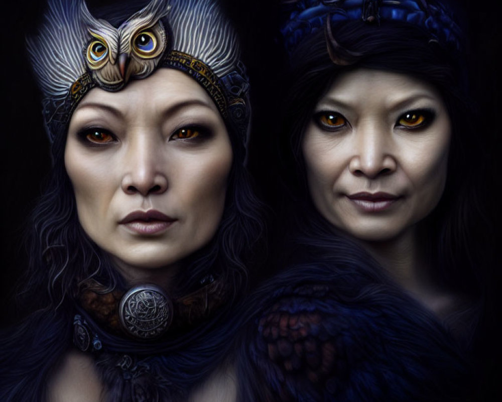 Digital art: Woman with owl features and headdress, second face beside her