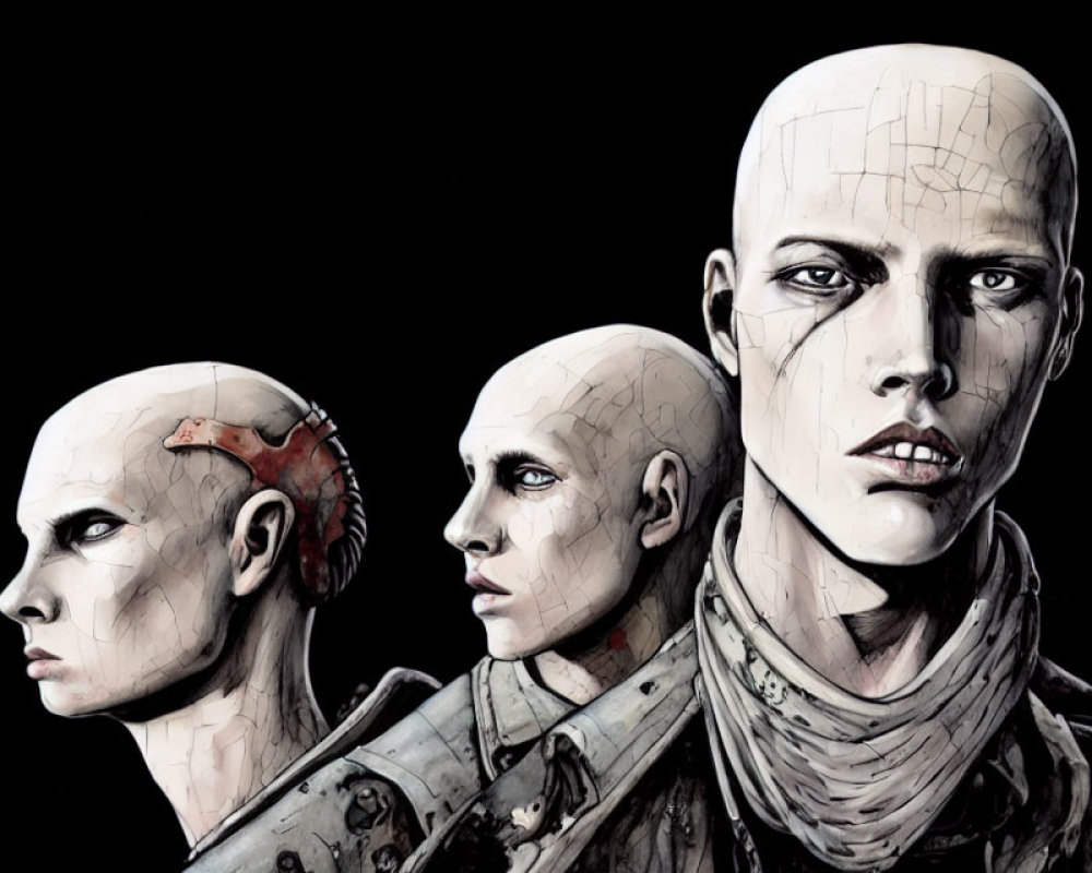 Bald, Pale Figures with Mechanical Elements and Intense Gazes