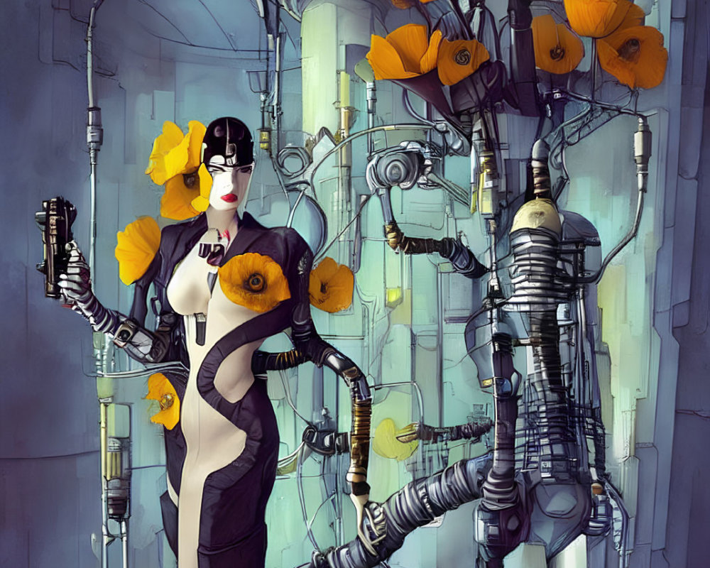 Futuristic woman with mechanical arm and yellow flowers among machinery