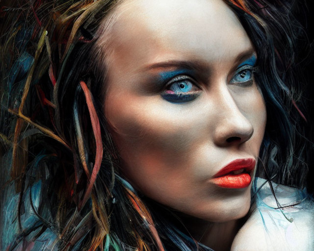 Vivid portrait of a woman with blue eyes, red lipstick, and colorful feathered hair