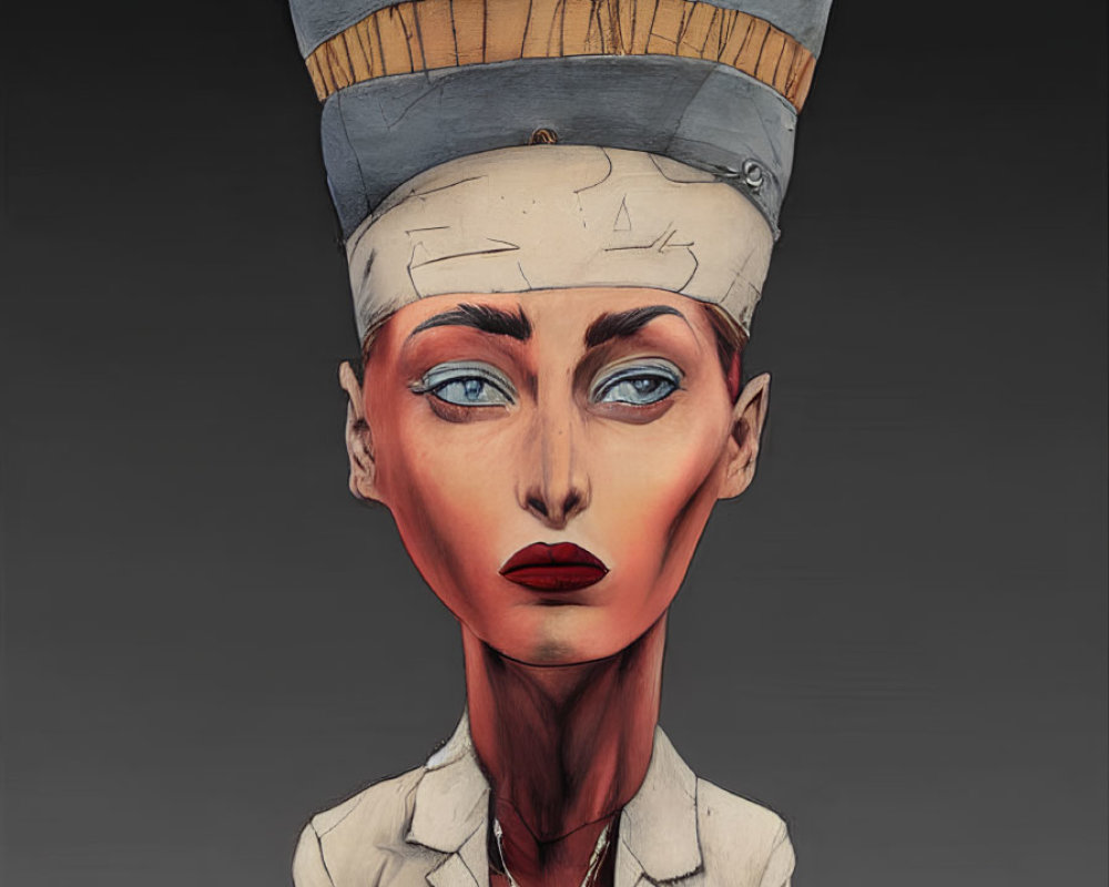 Unique artwork of person with elongated head in chef's hat and white coat