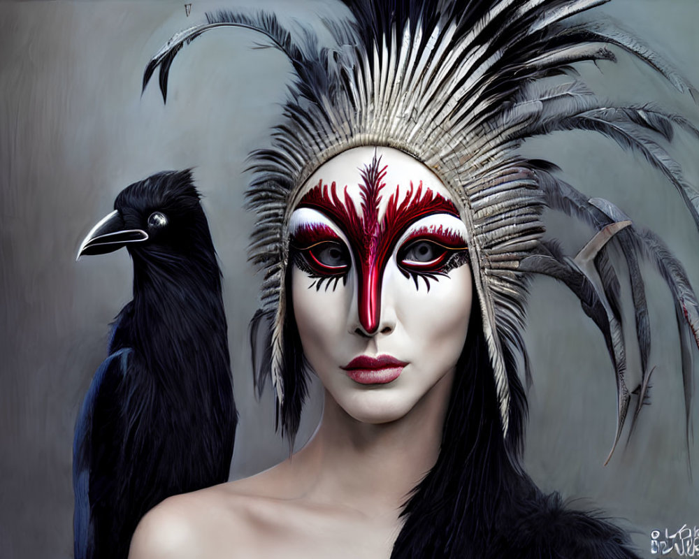 Person with Red and White Face Paint, Feather Headdress, and Raven Portrait