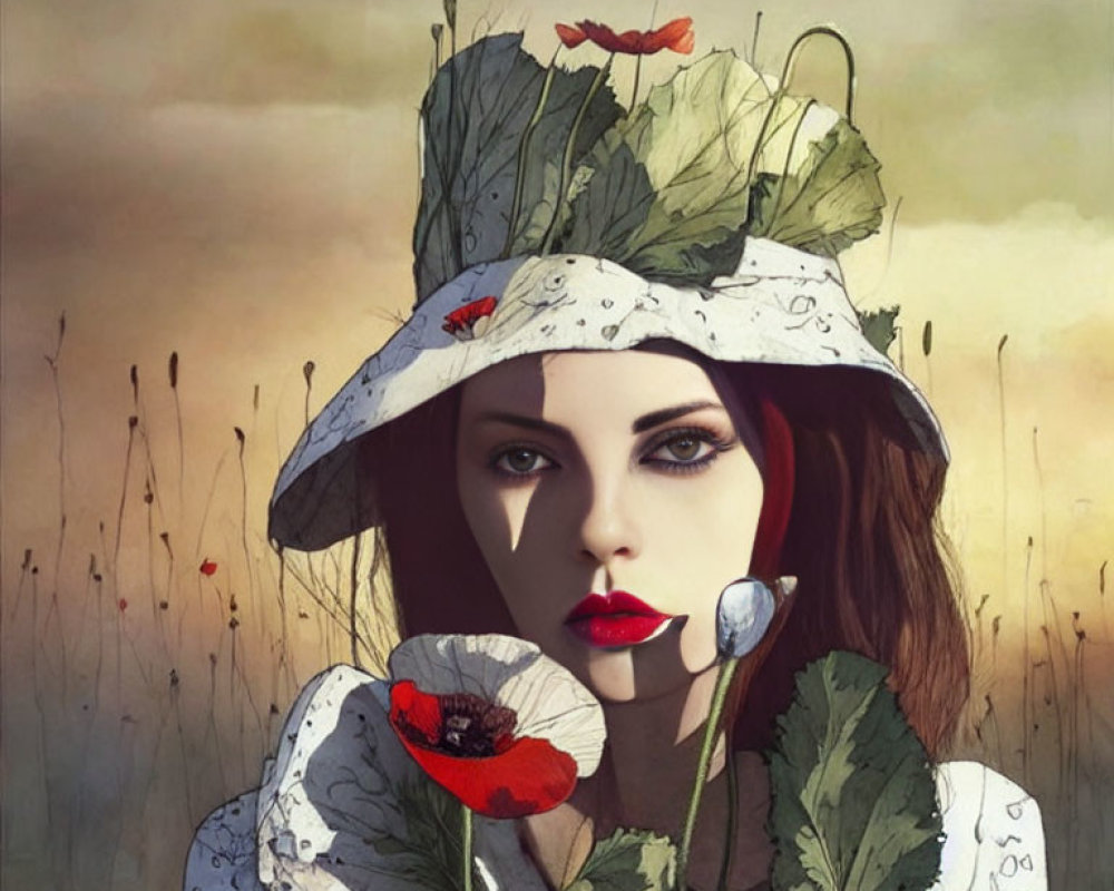 Woman with red lips and leaf-adorned hat in field.