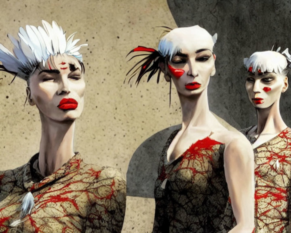 Stylized figures in white headpieces and red makeup against concrete backdrop