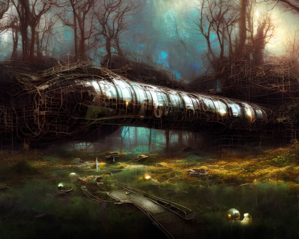 Abandoned futuristic train in overgrown forest with glowing orbs