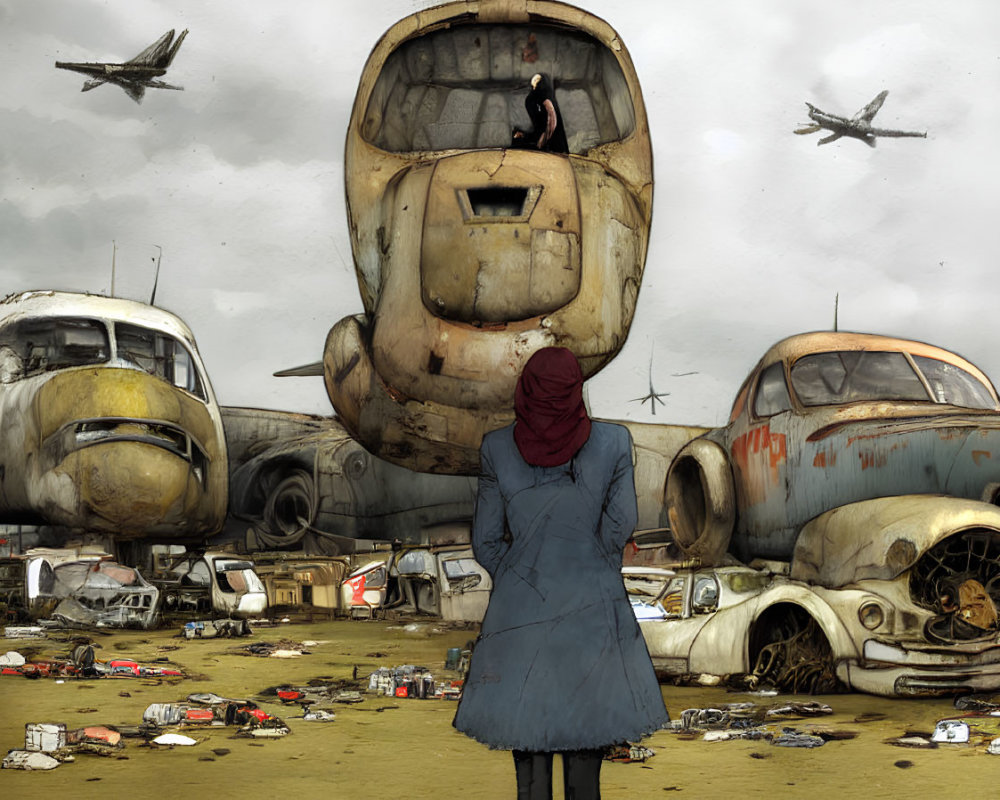 Person in Red Headscarf Surrounded by Derelict Planes and Cars