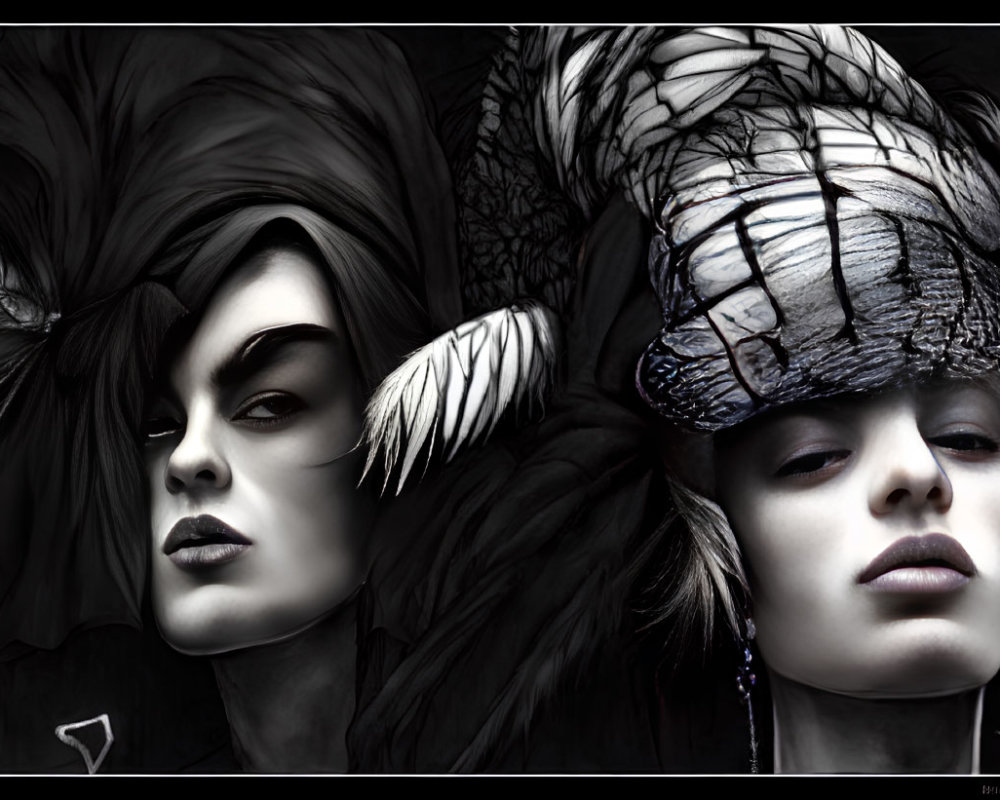 Stylized portraits: monochrome vs color with feathered headpieces