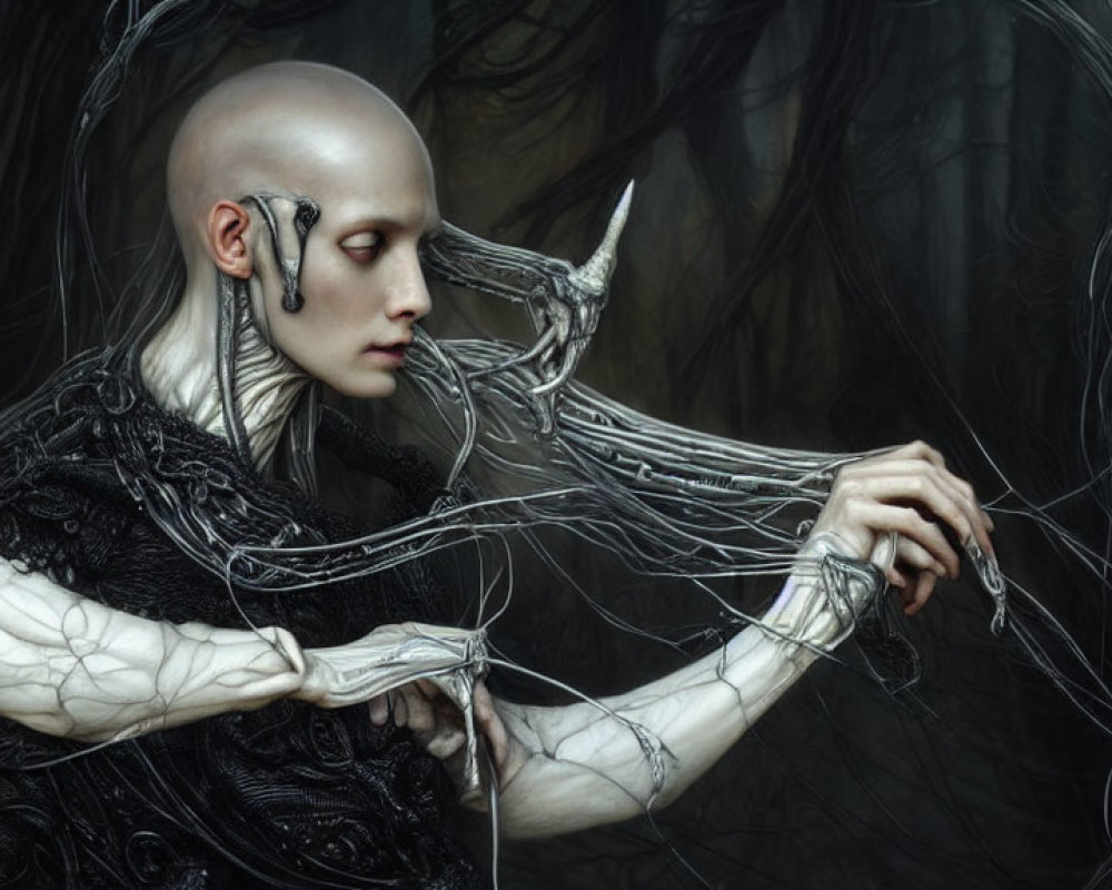 Ethereal bald being with elongated ears entwined in tendrils