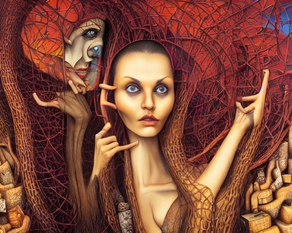 Surreal artwork: Woman with piercing eyes, distorted face, intertwined branches.