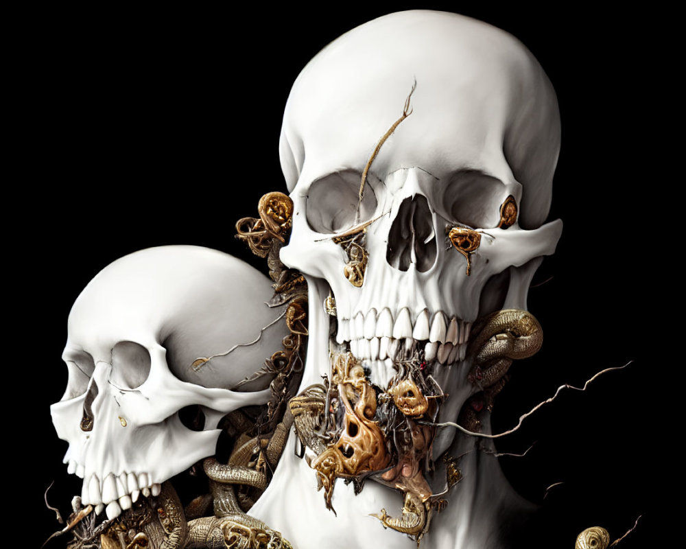 Human skulls entwined with snakes and smaller skulls on dark background