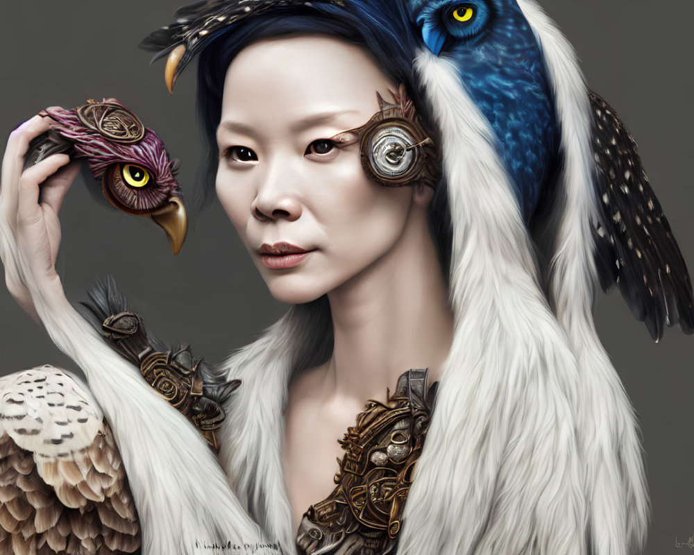 Cybernetic woman with owl and mechanical bird on gray background