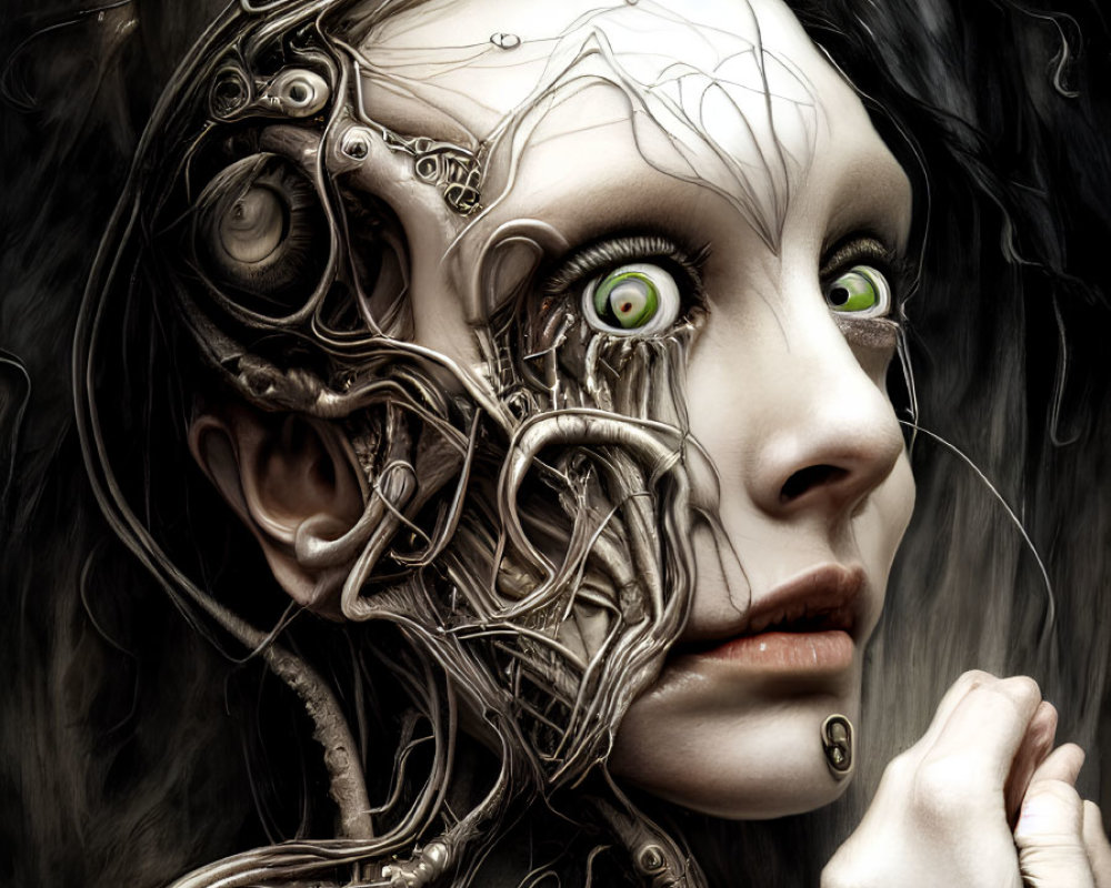 Surreal portrait featuring person with mechanical parts on face