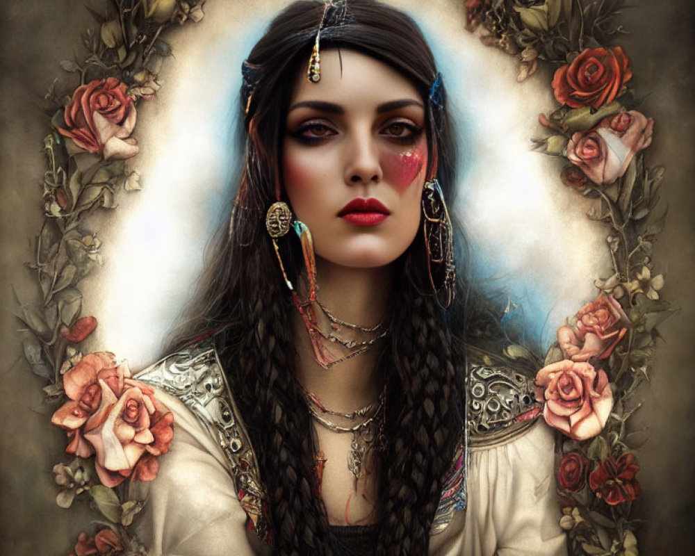 Digital painting of woman with braided hair and gold jewelry, surrounded by roses.