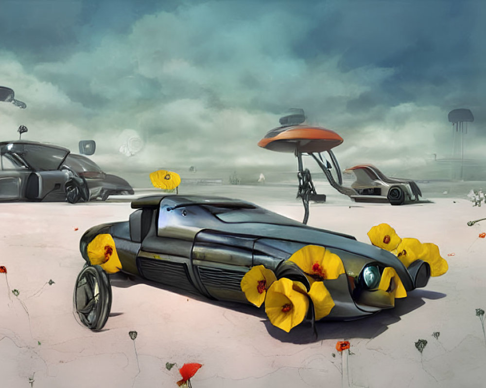 Futuristic vehicles with flower elements in desert landscape.