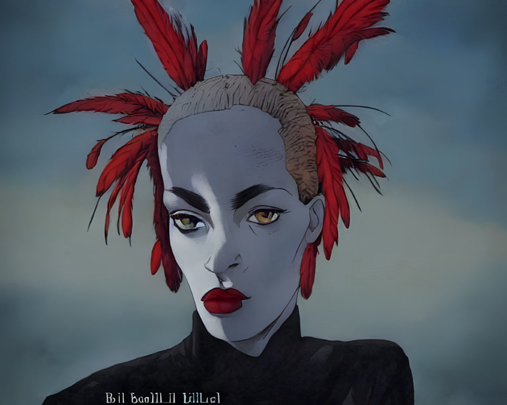 Illustration of person with red feathered hair and bold makeup on blue-grey backdrop