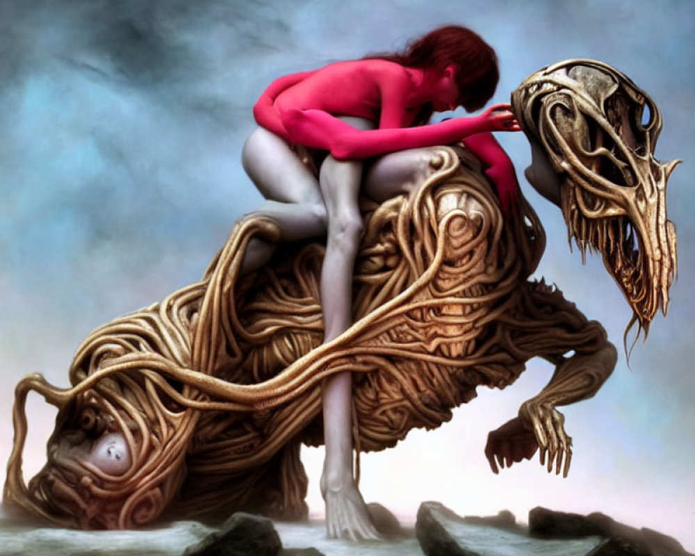 Surreal artwork: Red humanoid figure on organic shapes with skull-like head