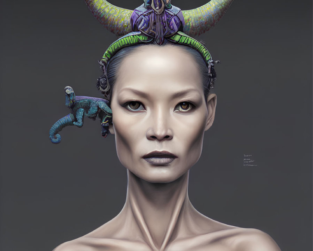 Surreal woman with tentacle headpiece, deity figure, and chameleon