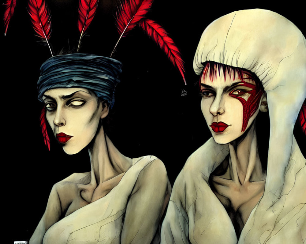 Stylized female figures with dramatic makeup and headwear on black background