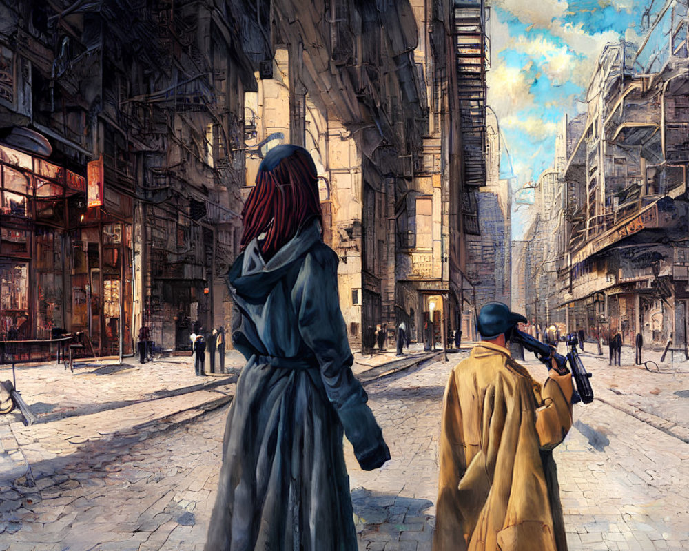 Blue-cloaked figure in steampunk city observes yellow-clad photographer