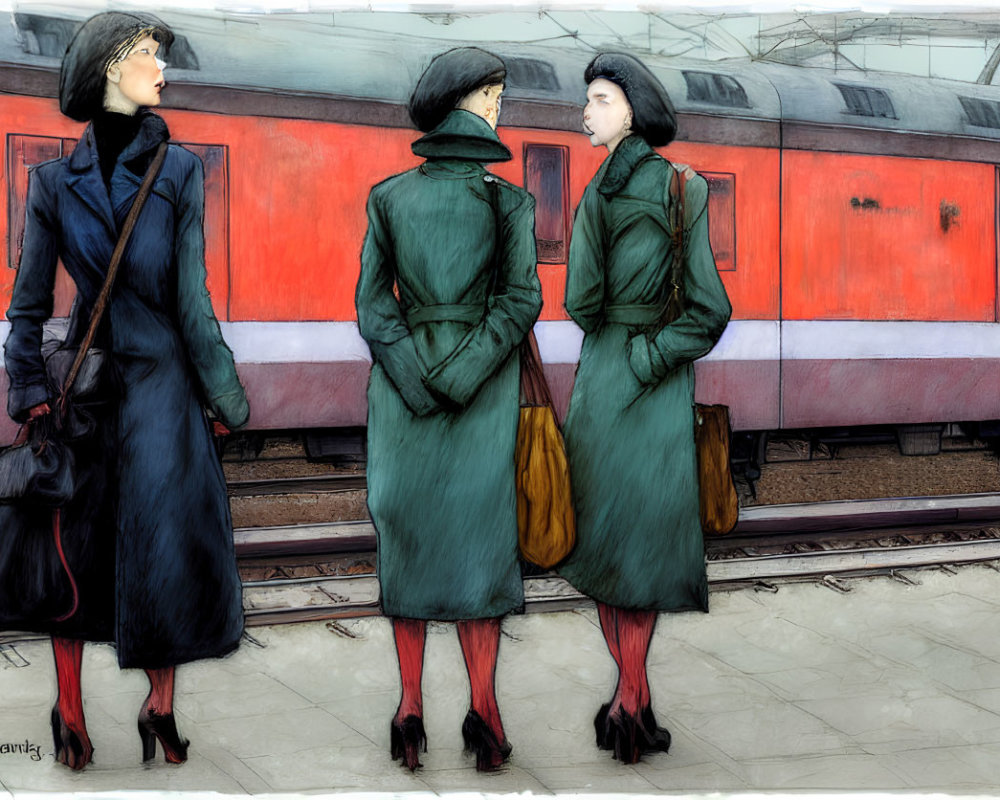 Illustration of three women in winter coats and high heels on train platform with red train in background.