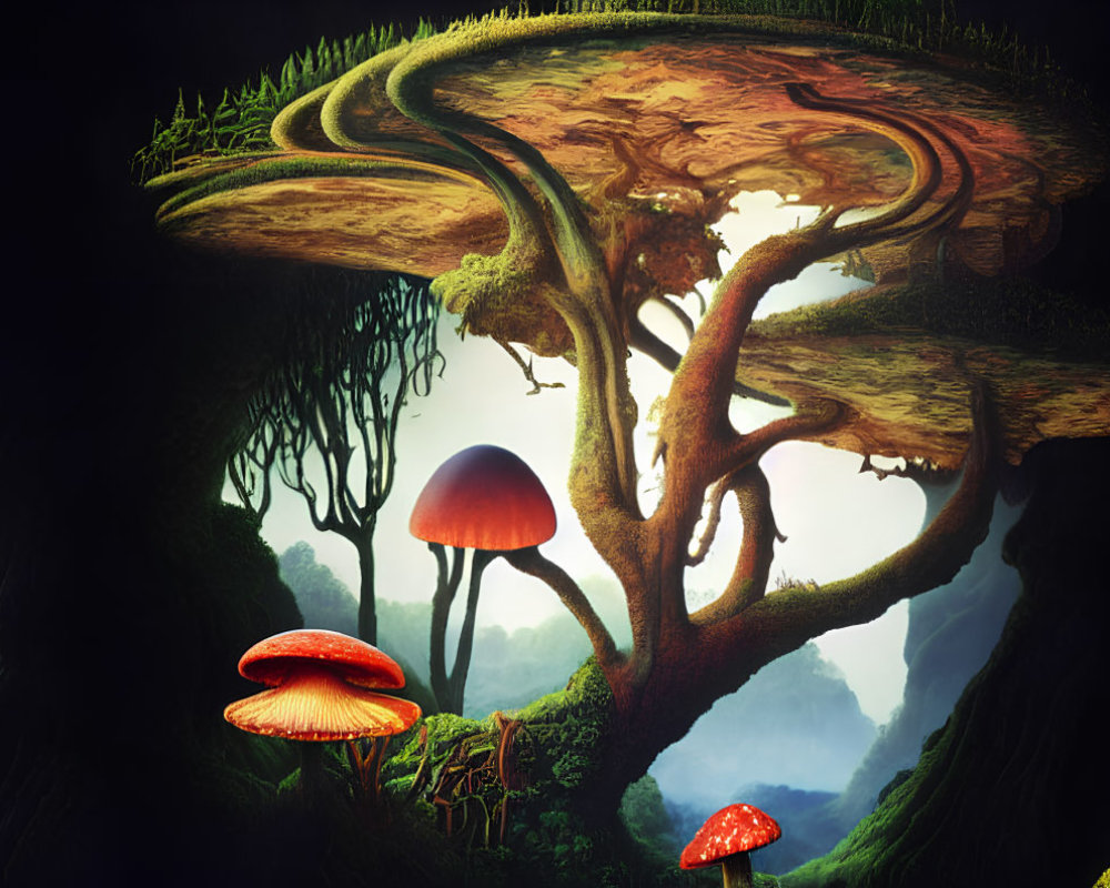 Fantastical image of giant tree, spiral path, mushrooms, and fog