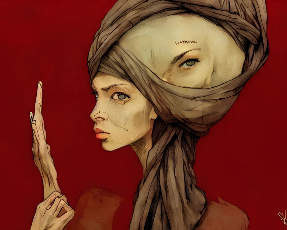 Illustration of woman with turban, eye motif, and silencing gesture