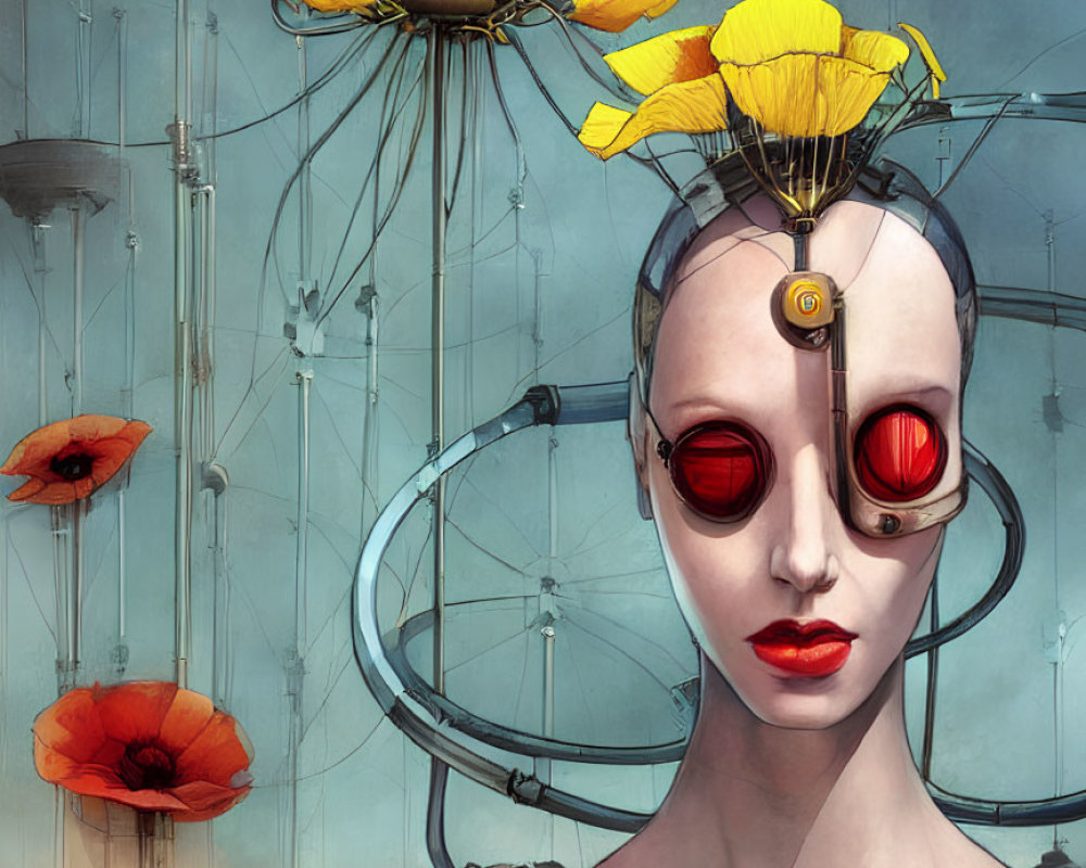 Surreal artwork: Female figure with red goggles and blooming yellow poppies against faint structures