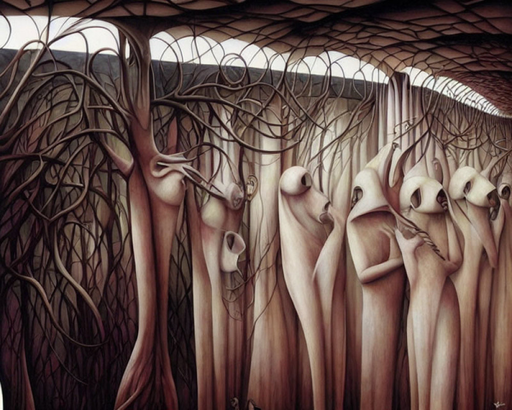 Surreal artwork of elongated figures and tree-like elements