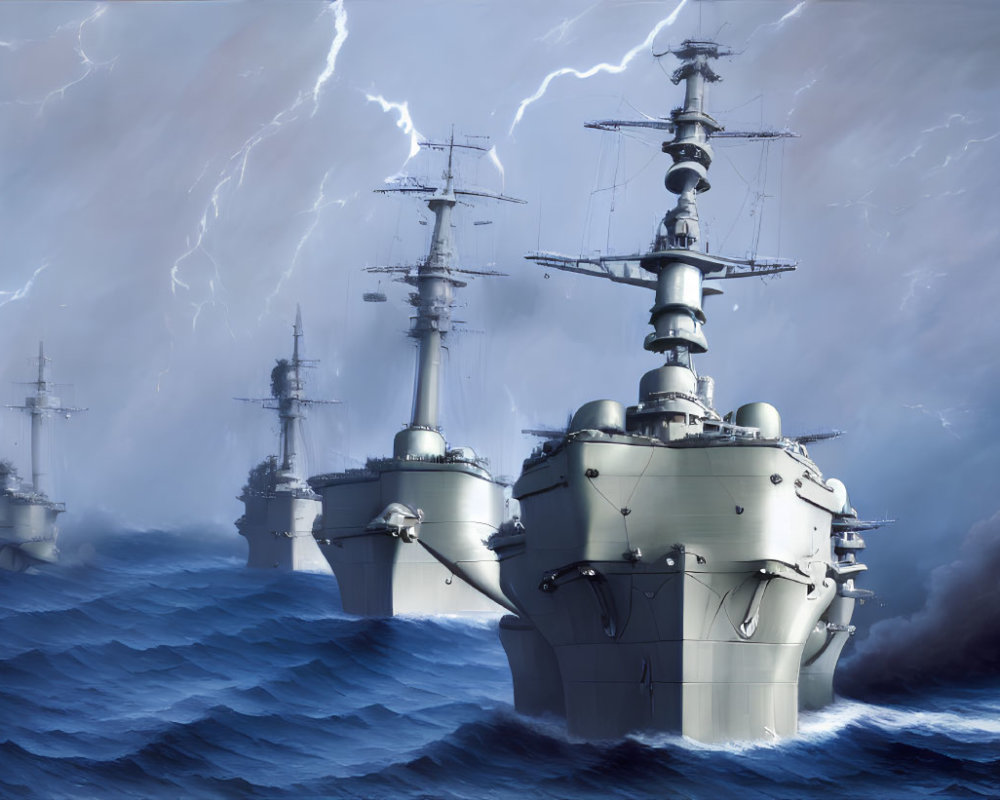 Stormy sky over battleships in turbulent ocean waters