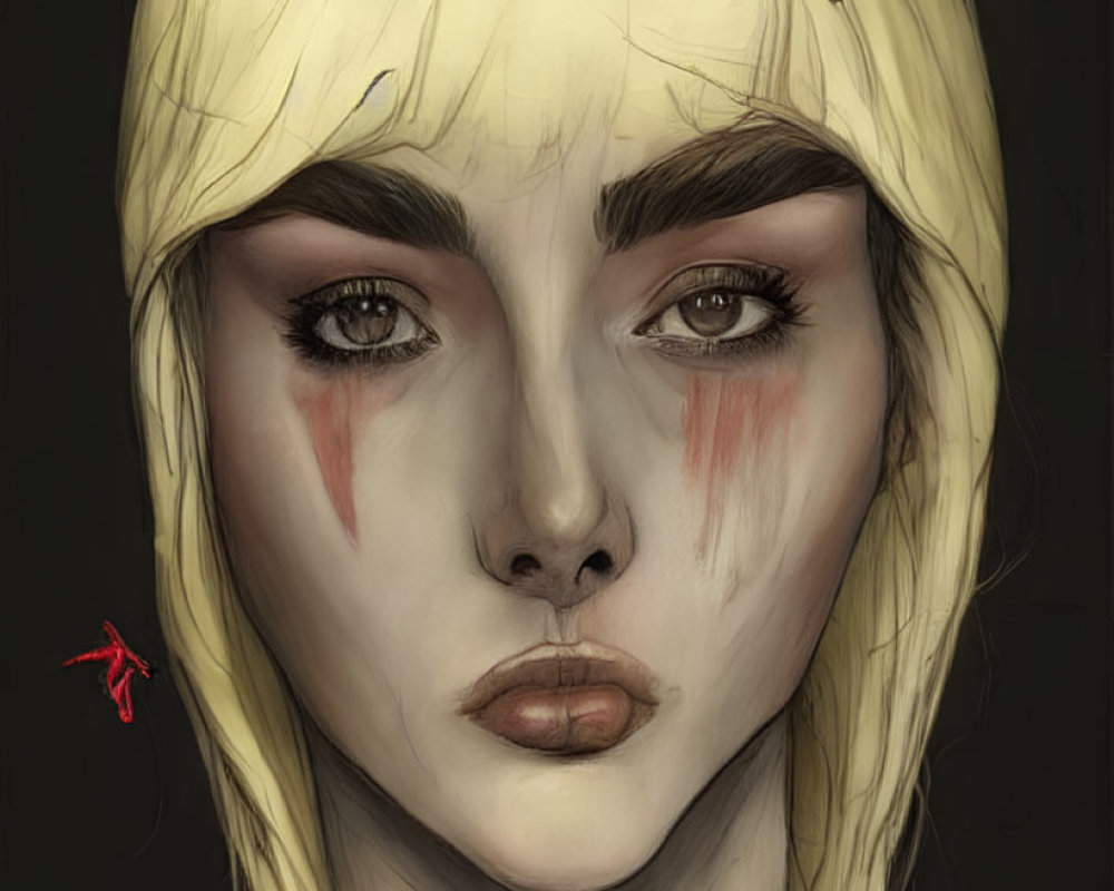 Digital portrait of person with blonde hair and teary eyes and red streaks.