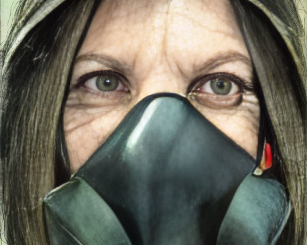 Intense-eyed woman in gas mask with German flag and brown hair