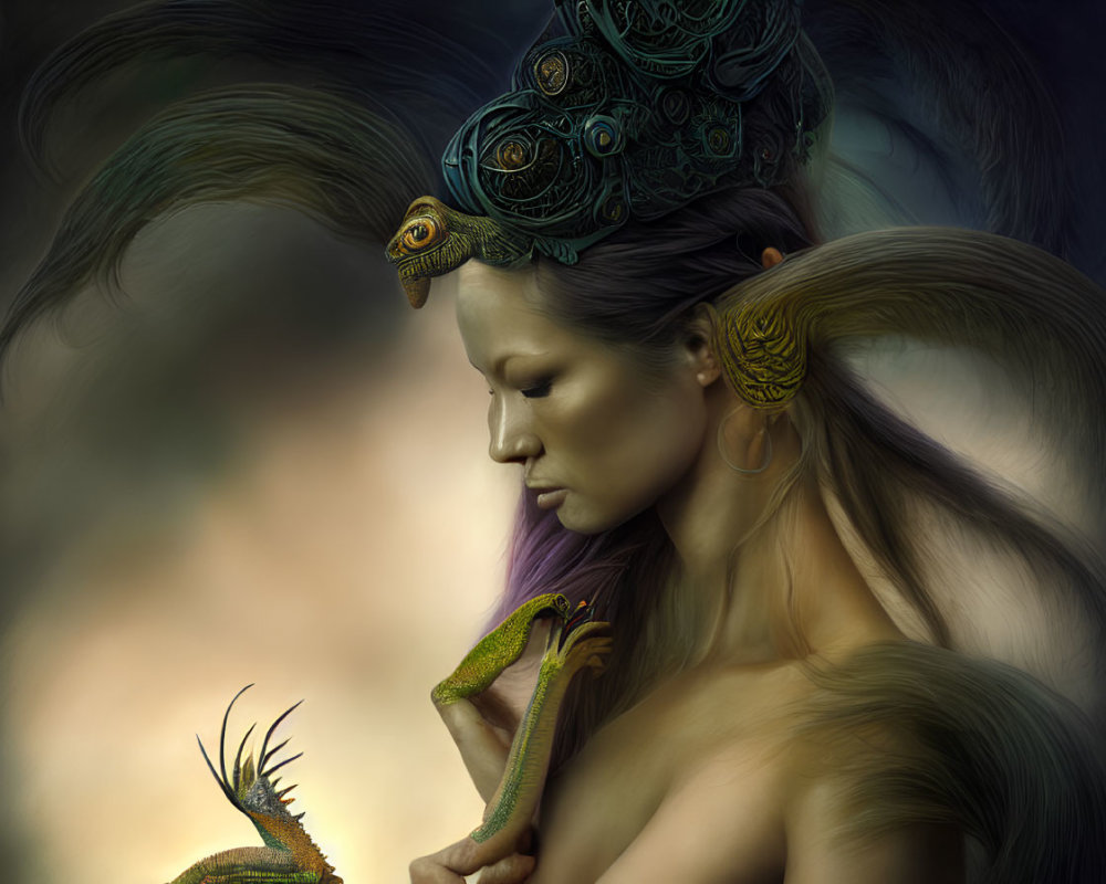 Fantasy illustration of woman with ornate headgear and green serpent in hands