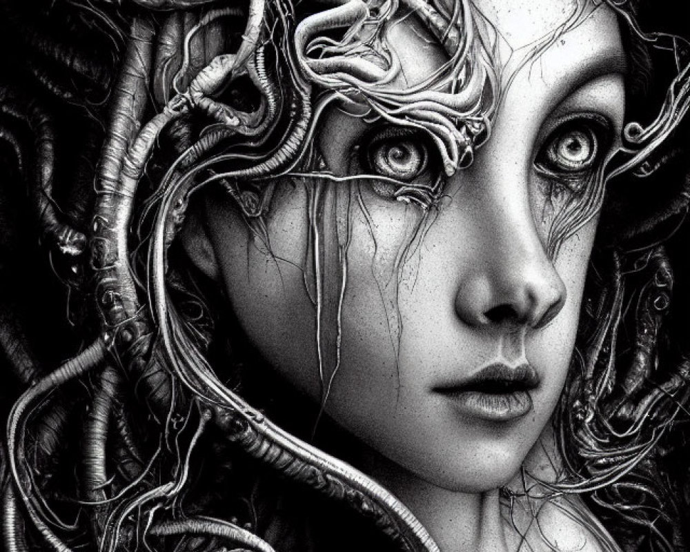 Detailed Monochromatic Illustration of Woman with Serpent-Like Hair