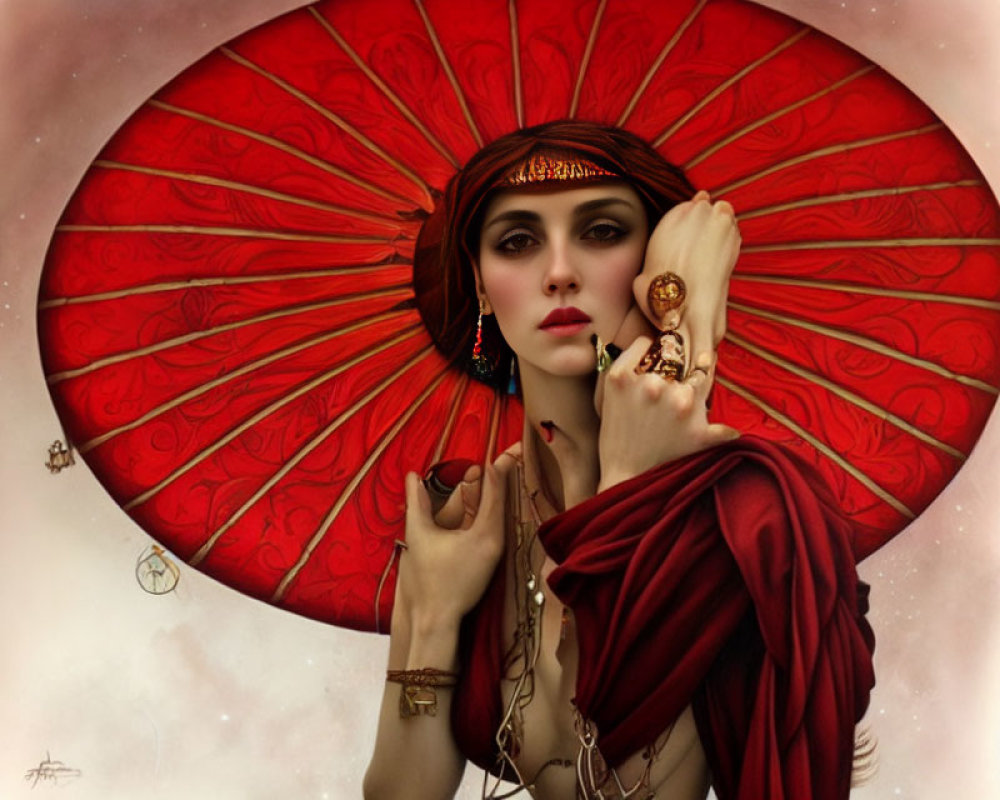 Dark-haired woman in red attire holding ornate red fan