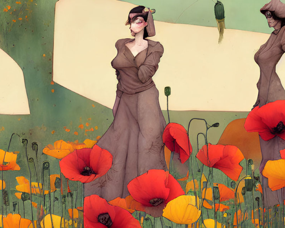 Three stylized women in a field of red poppies of varying heights