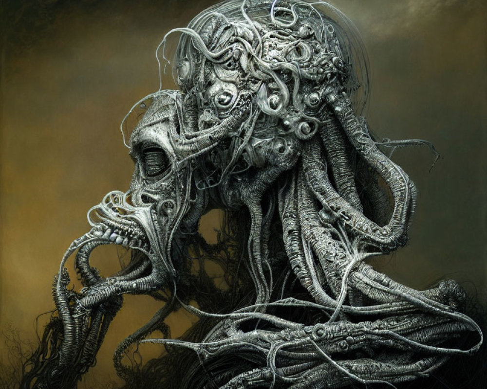 Intricate surreal biomechanical humanoid entity with tentacles and skull face against hazy backdrop